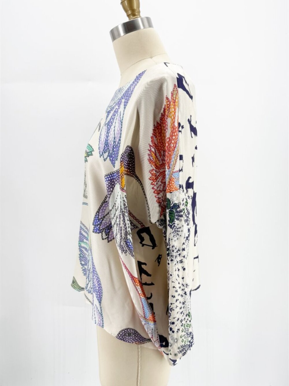 Silk & Jersey Combo Blouse Skateboarders Hummingbird Print L - Picture 4 of 5